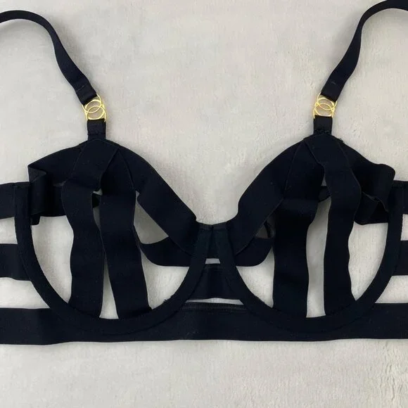 Victoria's Secret VERY SEXY Unlined Strappy Demi Bra Black Bandage Open Cage 38C - Picture 7 of 8